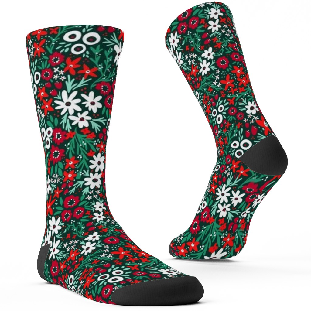Rustic Floral - Holiday Red and Green Custom Socks, Green