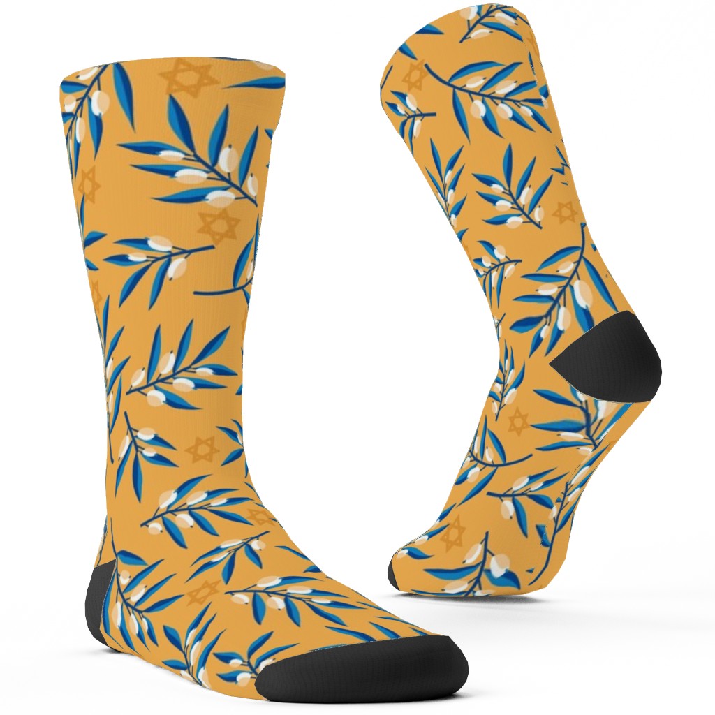 Olive Branches Hanukkah - Blue on Yellow Custom Socks, Yellow