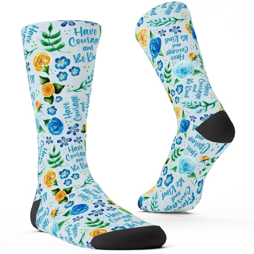 Have Courage and Be Kind - Watercolor Floral - Blue and Yellow Custom Socks, Blue