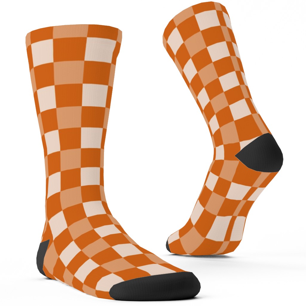Orange Gingham Plaid Custom Socks, Orange, Orange