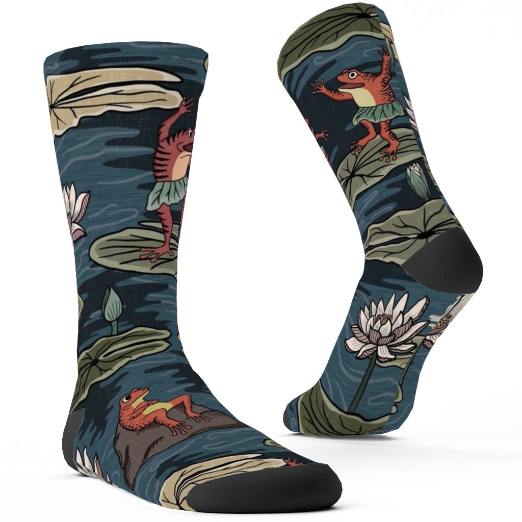 Quirky Frogs Dancing in the Moonlight on Lily Pads Custom Socks, Blue