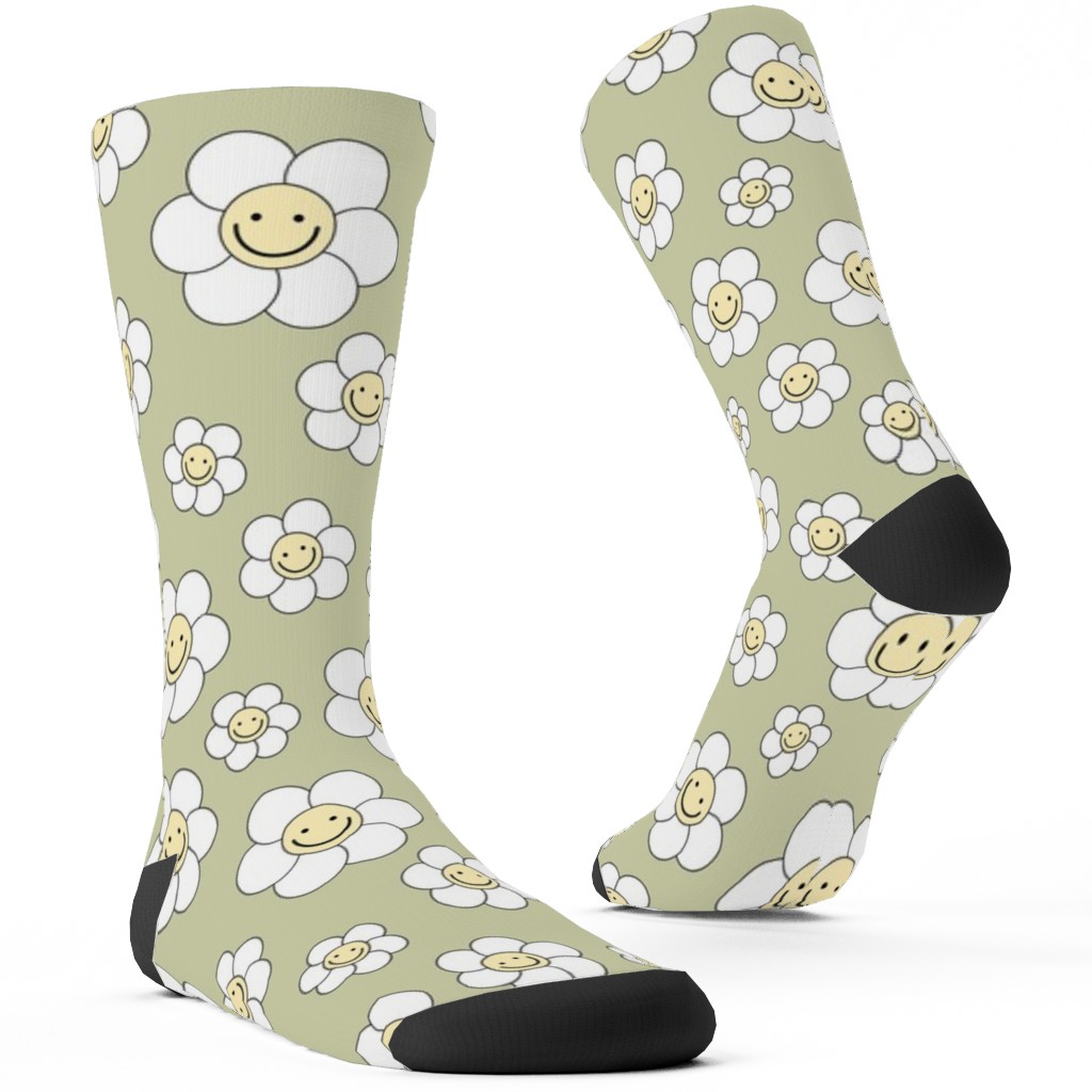 Sweet Smiling Daisies Custom Socks, Green, Pear