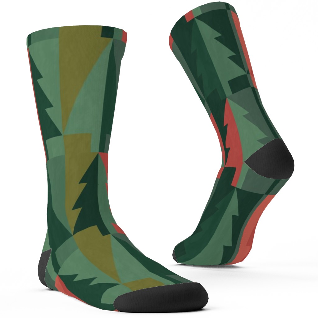 Geometric Forest - Red and Green Custom Socks, Green