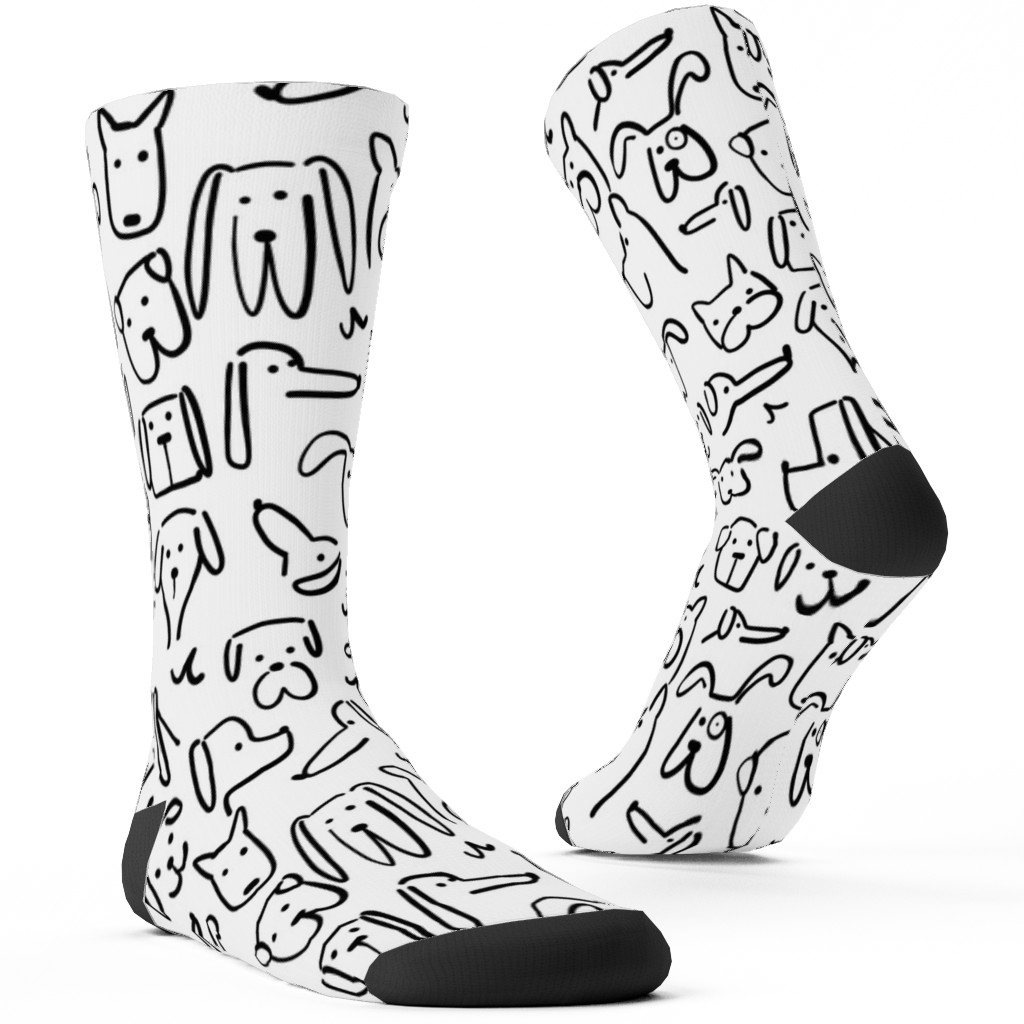 Playful Pups - Black and White Custom Socks, White, White