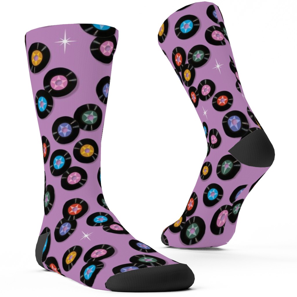 Pop Star Vintage Vinyl Records Custom Socks, Purple, Lilac