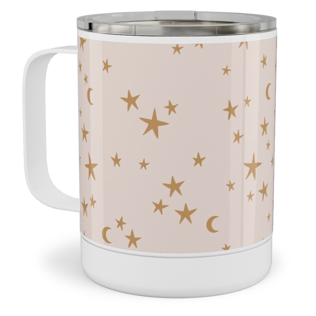 Stars & Moon - Starry Night Universe - Beige and Brown Stainless Steel Mug, 10oz, Pink