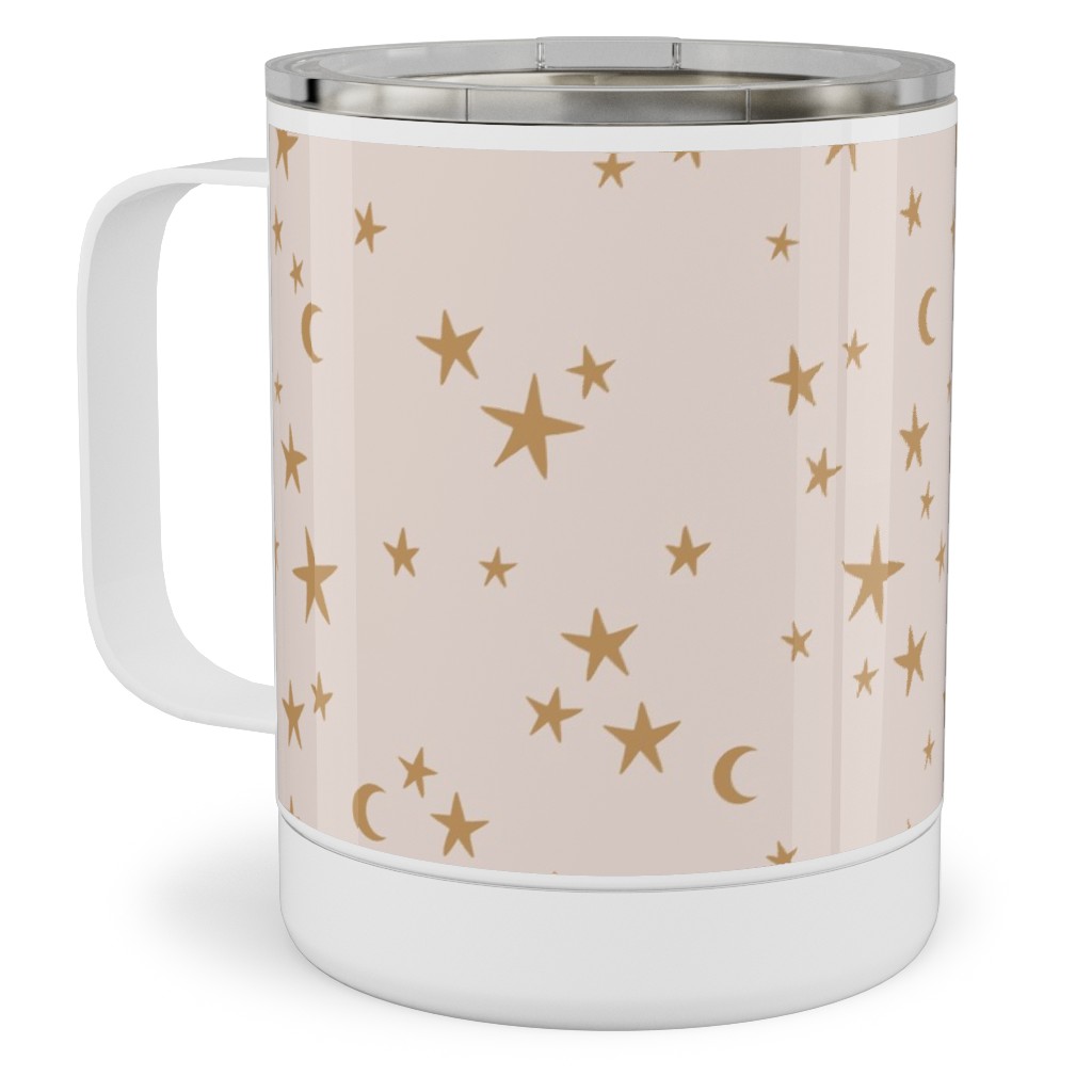 Stars & Moon - Starry Night Universe - Beige and Brown Stainless Steel Mug, 10oz, Pink, Bright Pink