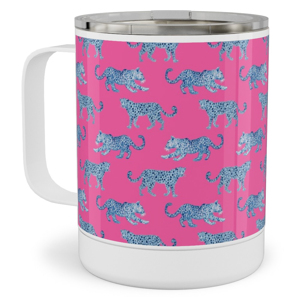 Tiny Leopard Parade - Blue on Hot Pink Stainless Steel Mug, 10oz, Pink