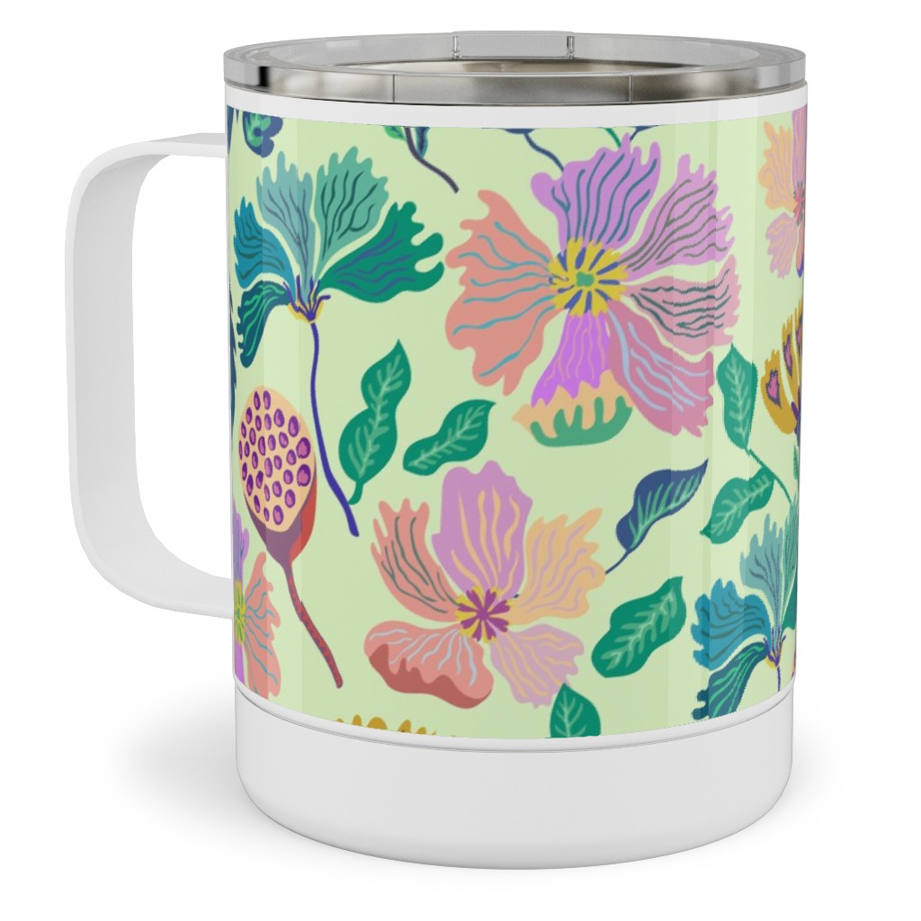 Indian Florals - Light Green Stainless Steel Mug, 10oz, Multicolor