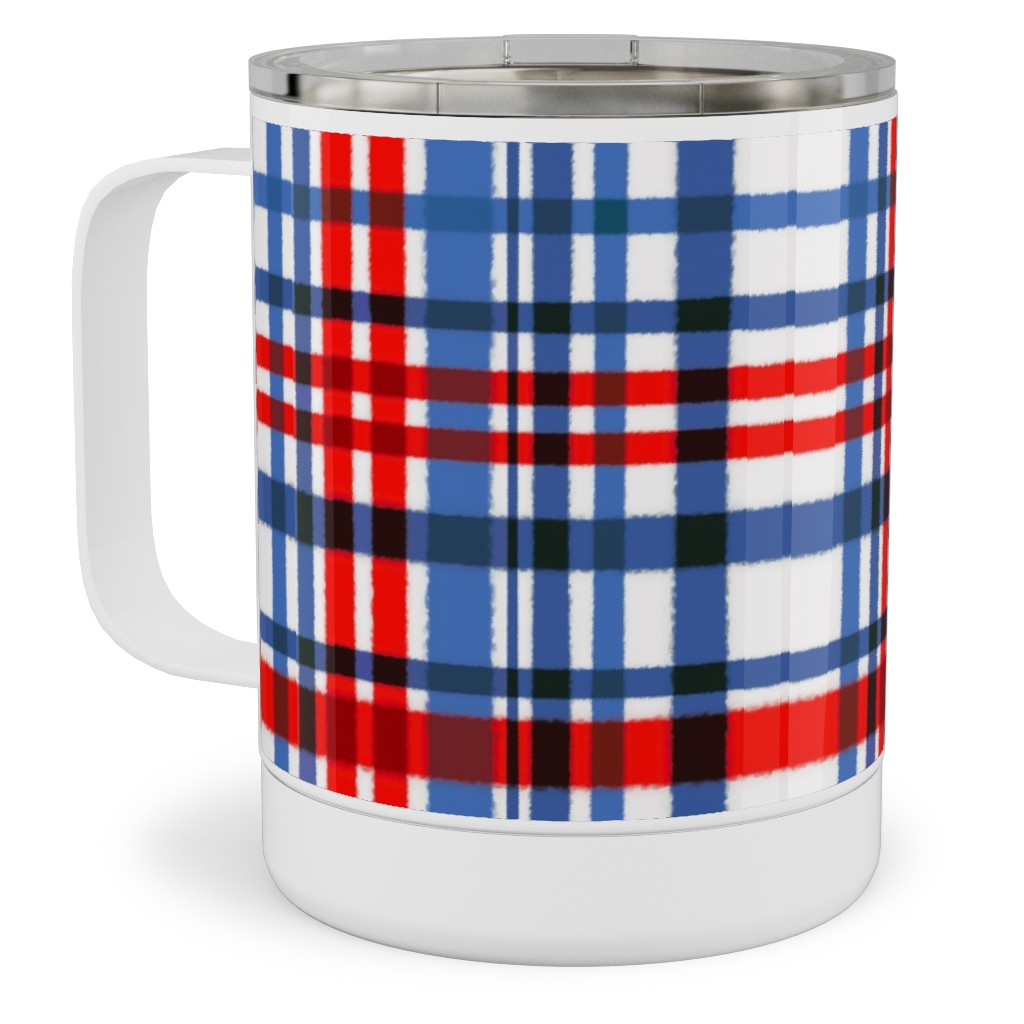 Intricate Plaid Stainless Steel Mug, 10oz, Blue, Red