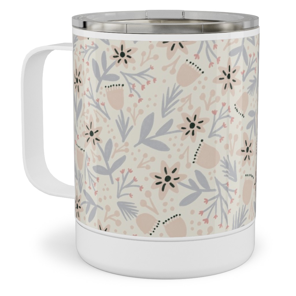 Vintage Flowers - Pastel Pink Stainless Steel Mug, 10oz, Beige, Pearl