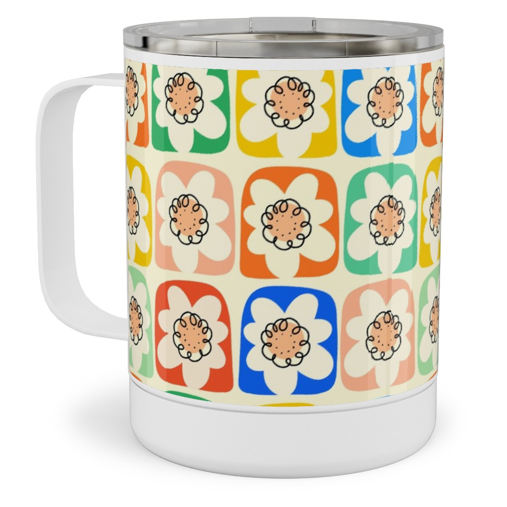 Abstract Retro Flower Doodle Squares - Multi Stainless Steel Mug, 10oz, Multicolor