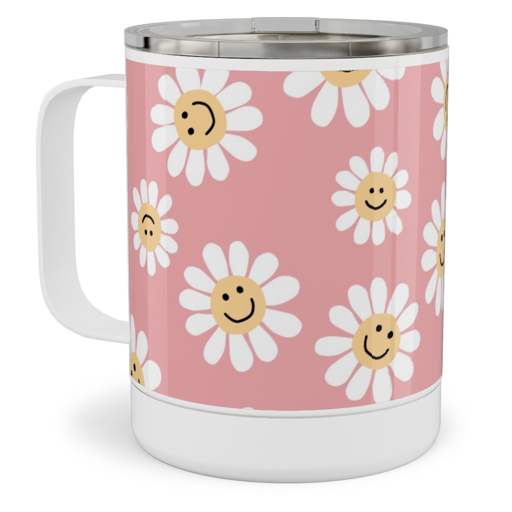 Smiley Daisy Flowers - Pink Stainless Steel Mug, 10oz, Pink