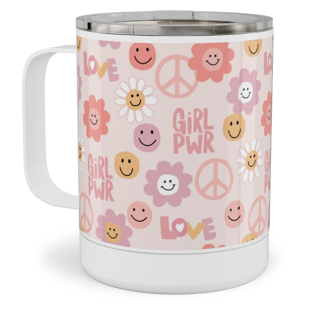Happy Girl Power - Pink Stainless Steel Mug, 10oz, Pink, Bright Pink