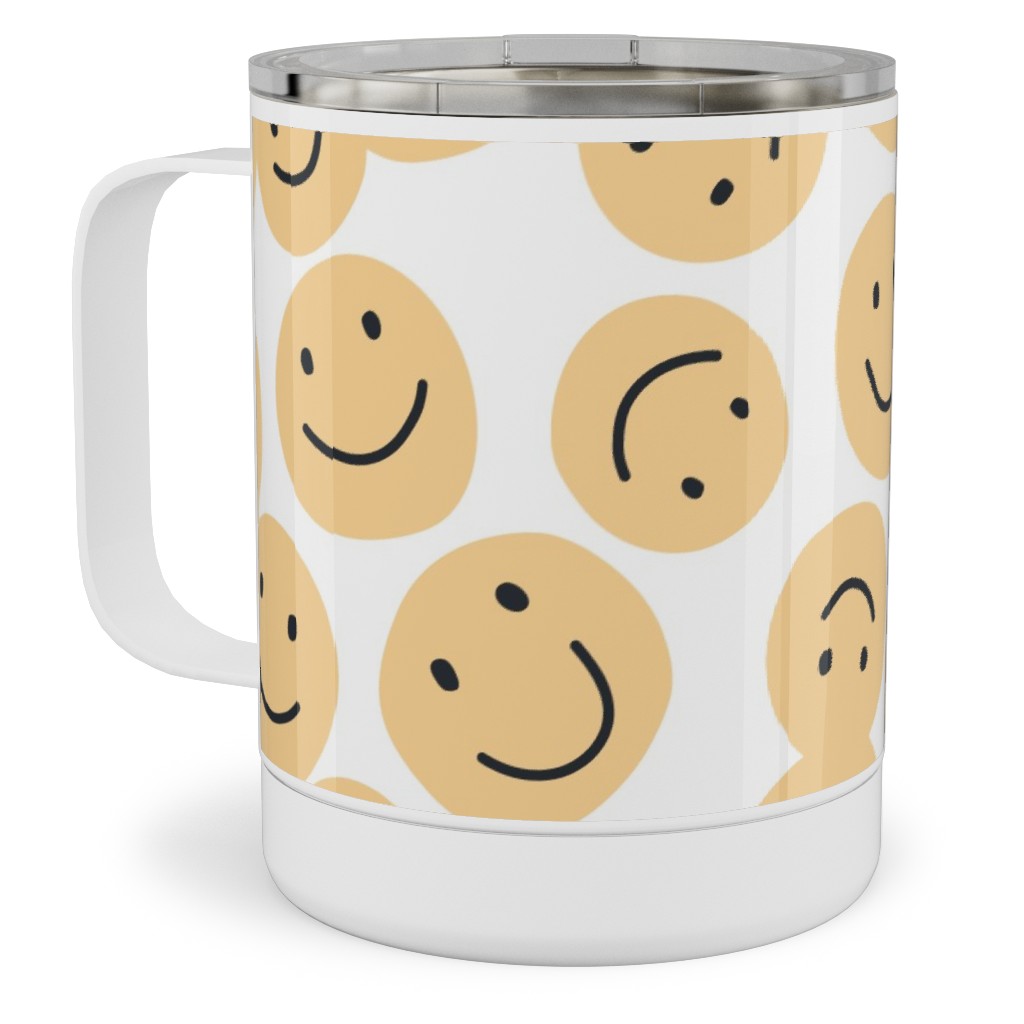 Happy Smiley Faces - Yellow Stainless Steel Mug, 10oz, Yellow, Classic Yellow