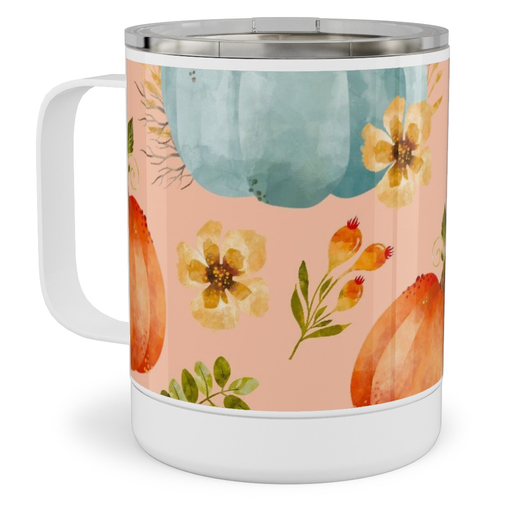 Rustic Farmhouse Pumpkins on Pale Peach Stainless Steel Mug, 10oz, Orange