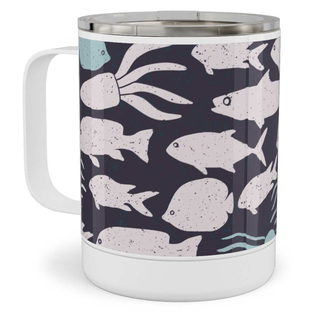 Fish School in Gray Aqua Dark Background Stainless Steel Mug, 10oz, Blue, True Blue