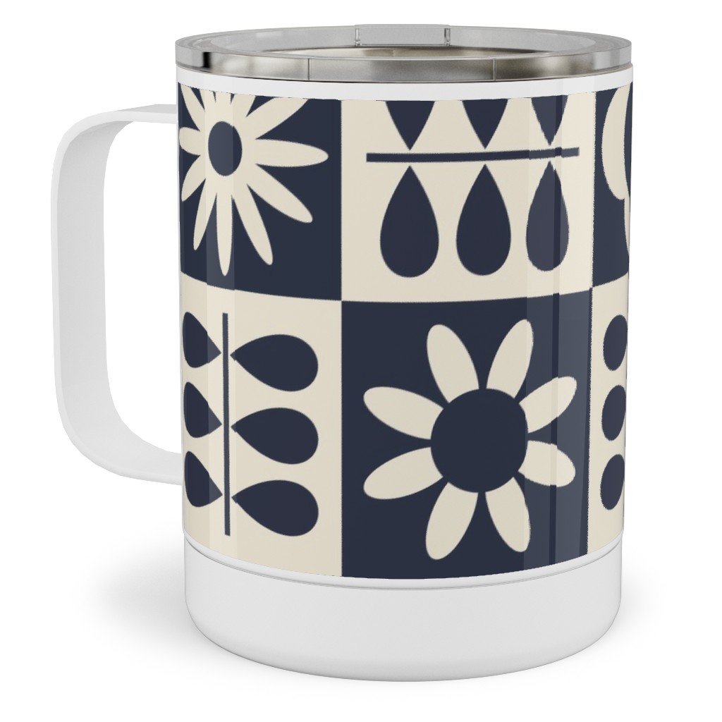 Scandinavian Checker Blooms - Off White and Navy Stainless Steel Mug, 10oz, Black, Black