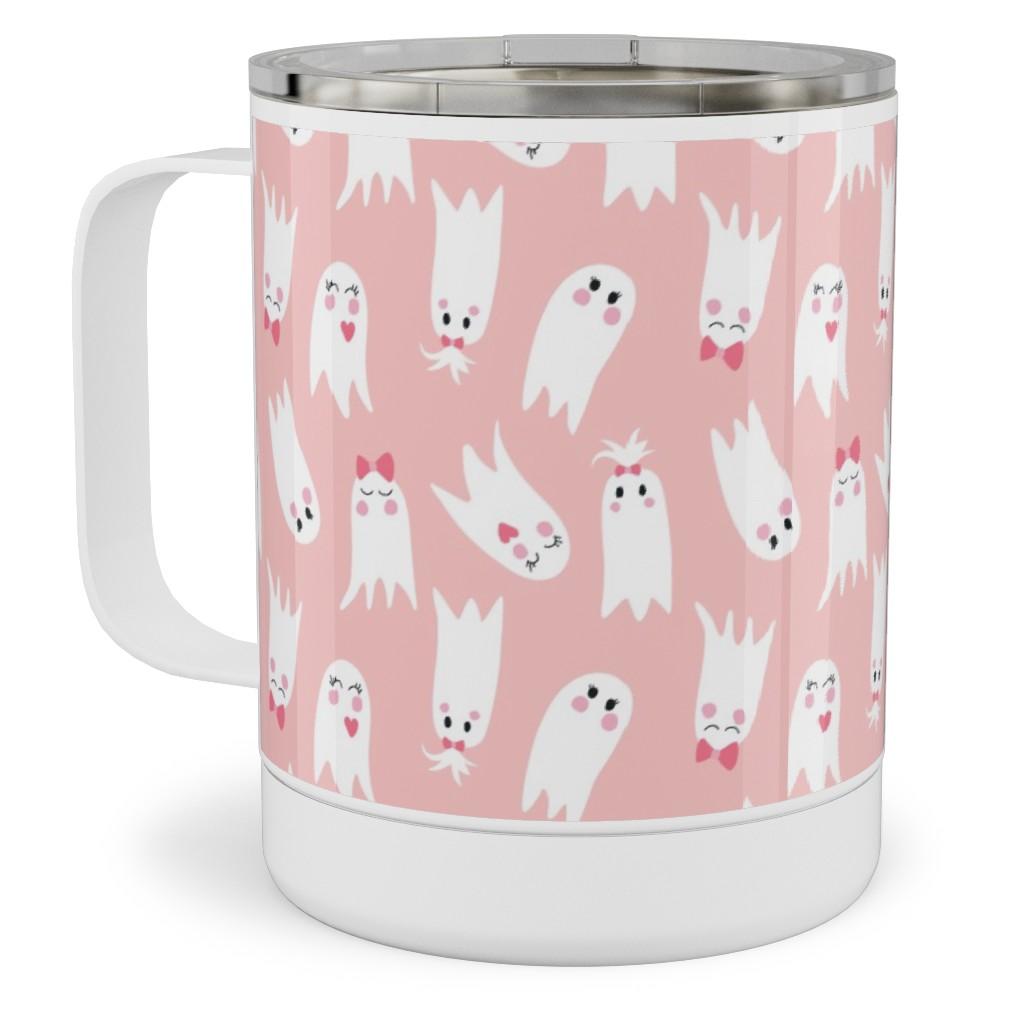 Sweet White Ghosts on Pink Stainless Steel Mug, 10oz, Pink, Bright Pink