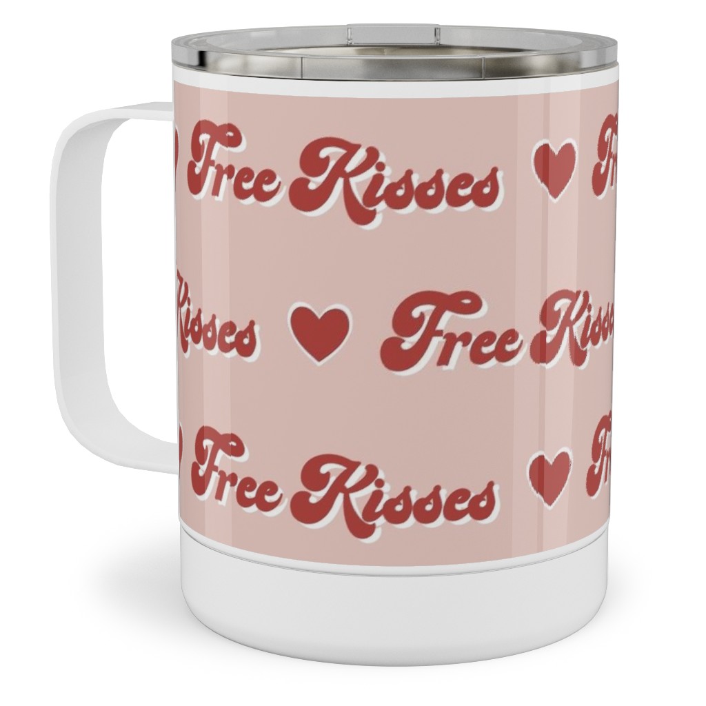 Free Kisses - Retro Hearts - Red on Pink Stainless Steel Mug, 10oz, Pink