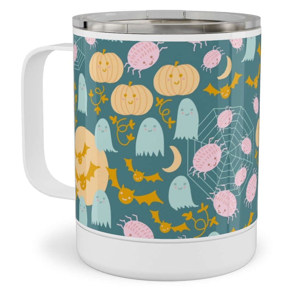 Cute Pastel Halloween Scene in Candy Colors - Pumpkin Ghost Spider Web Bat - Multi Stainless Steel Mug, 10oz, Multicolor