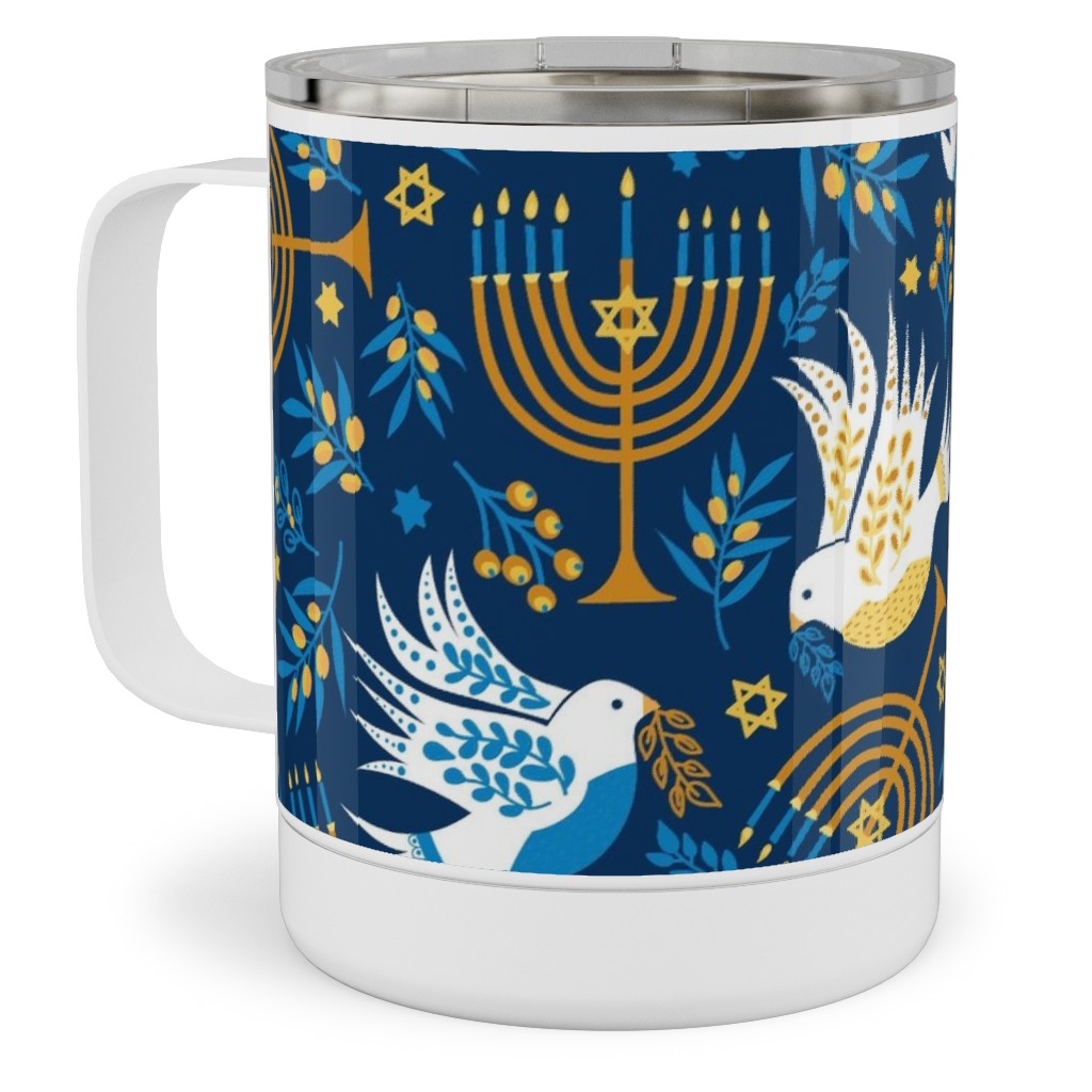 Hanukkah Birds and Menorahs - Dark Blue Stainless Steel Mug, 10oz, Blue, True Blue