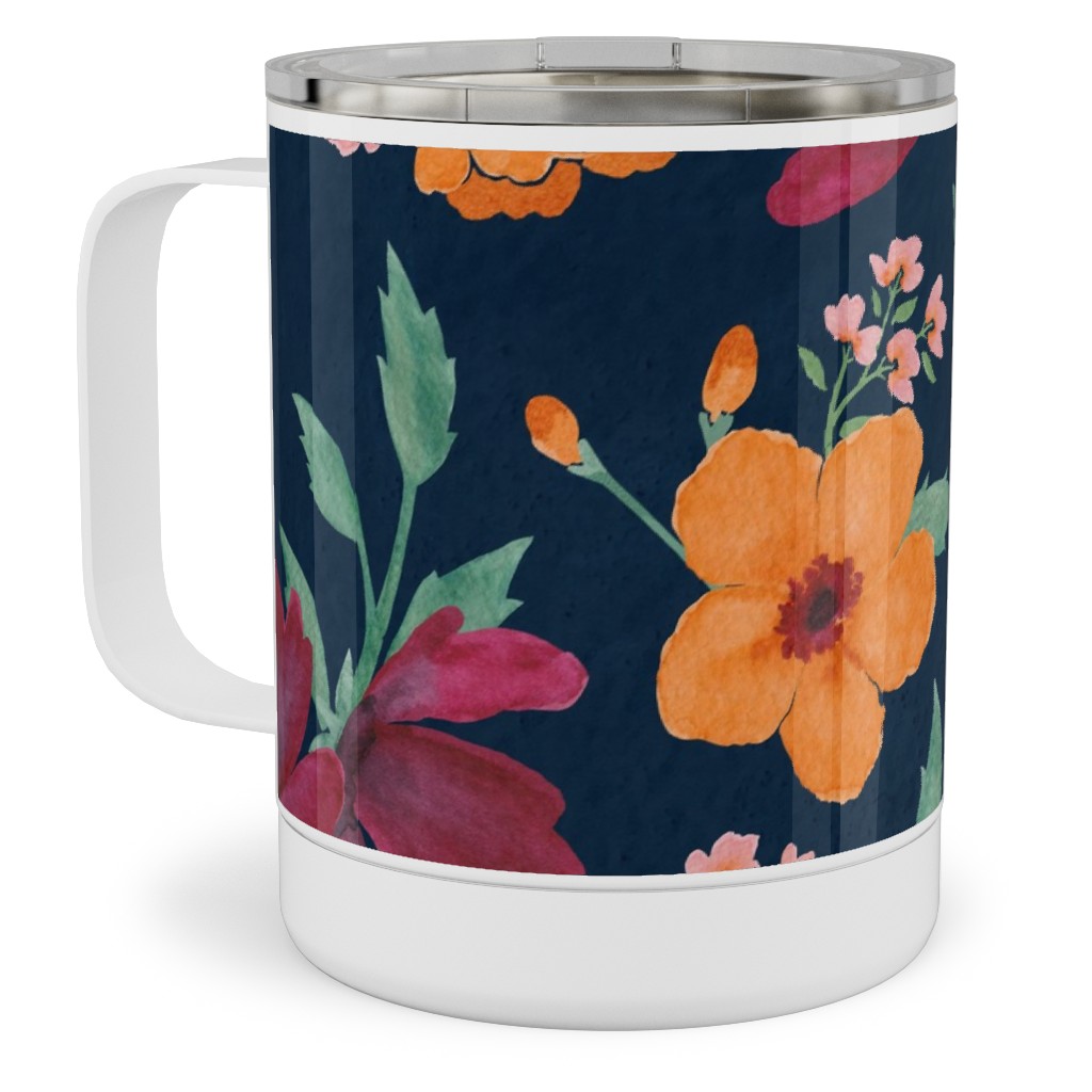 Watercolor Autumn Florals - Navy Stainless Steel Mug, 10oz, Multicolor
