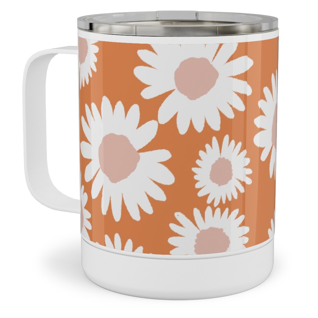 Boho Daisies - Flowers - Muted Orange and Blush Stainless Steel Mug, 10oz, Orange