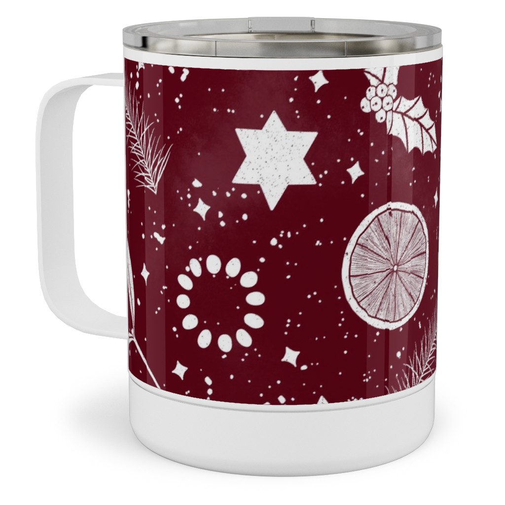 Festive Christmas Print Stars, Mistletoe, Orange, Holly and Pine Branch on Burgundy Stainless Steel Mug, 10oz, Red
