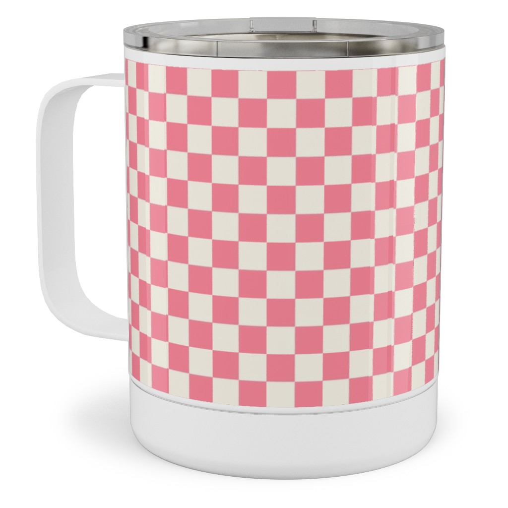 Checkered - Pink Stainless Steel Mug, 10oz, Pink, Bright Pink