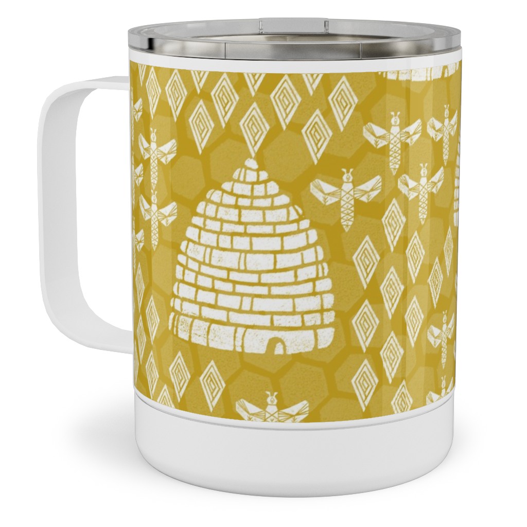 Bee Hives, Spring Florals Linocut Block Printed - Golden Yellow Stainless Steel Mug, 10oz, Yellow