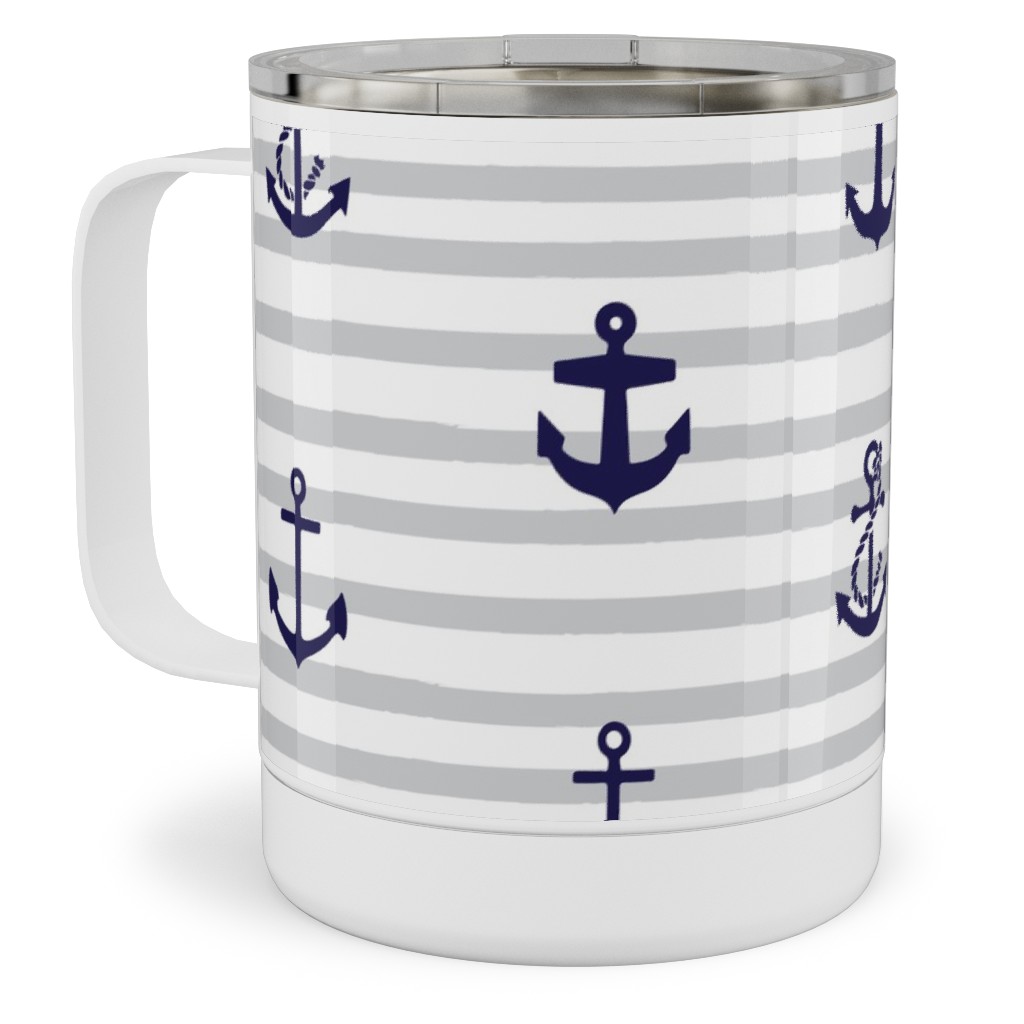 Anchors Away - Black on Gray Stripes Stainless Steel Mug, 10oz, Gray, Gray