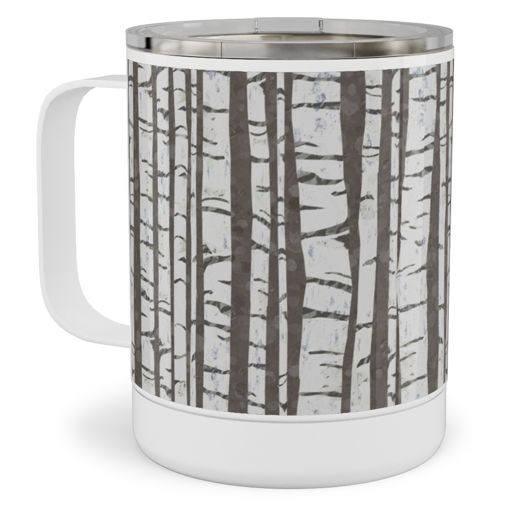 Birch Trees - White on Brown Stainless Steel Mug, 10oz, Gray, Gray
