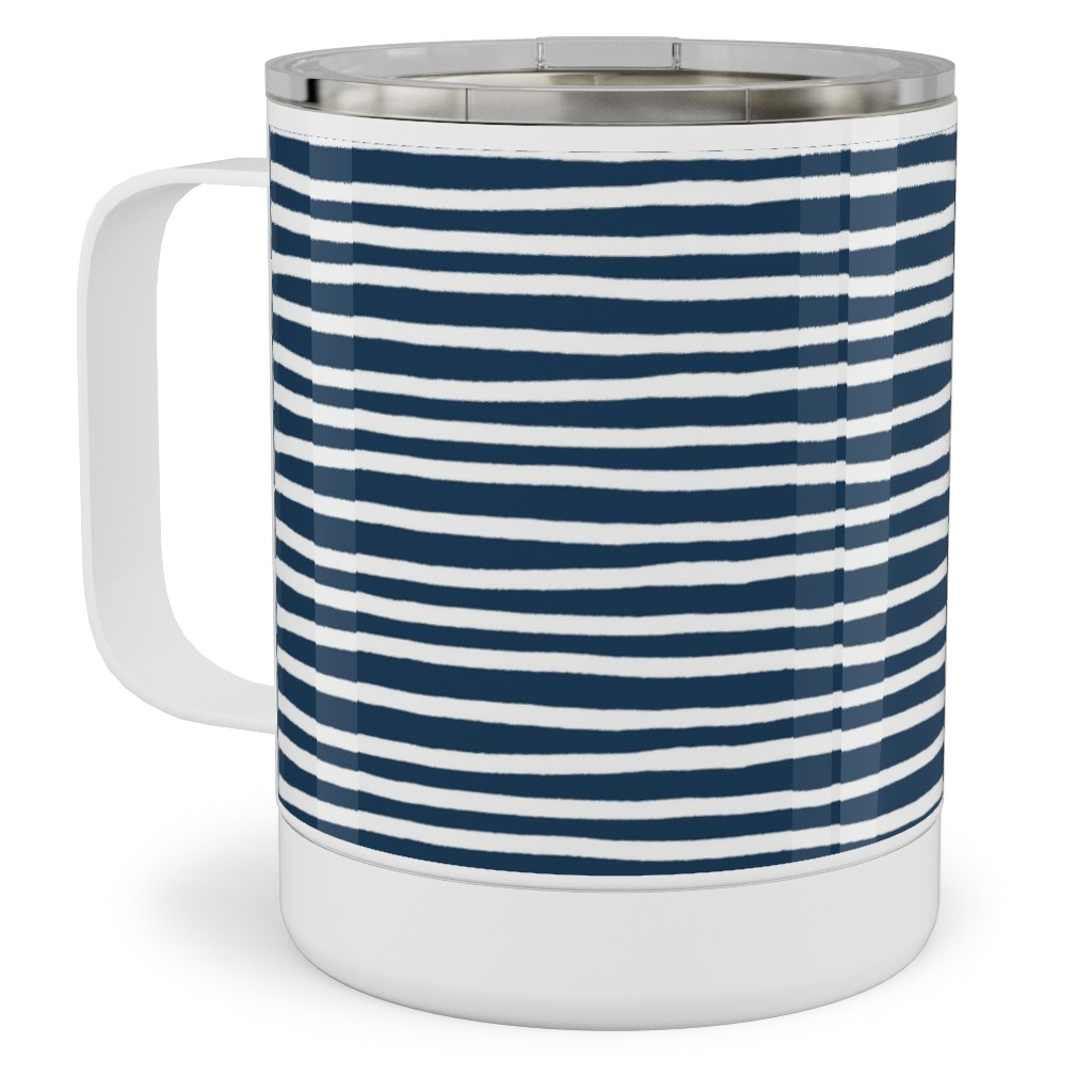 Navy Blue and White Stripes Stainless Steel Mug, 10oz, Blue