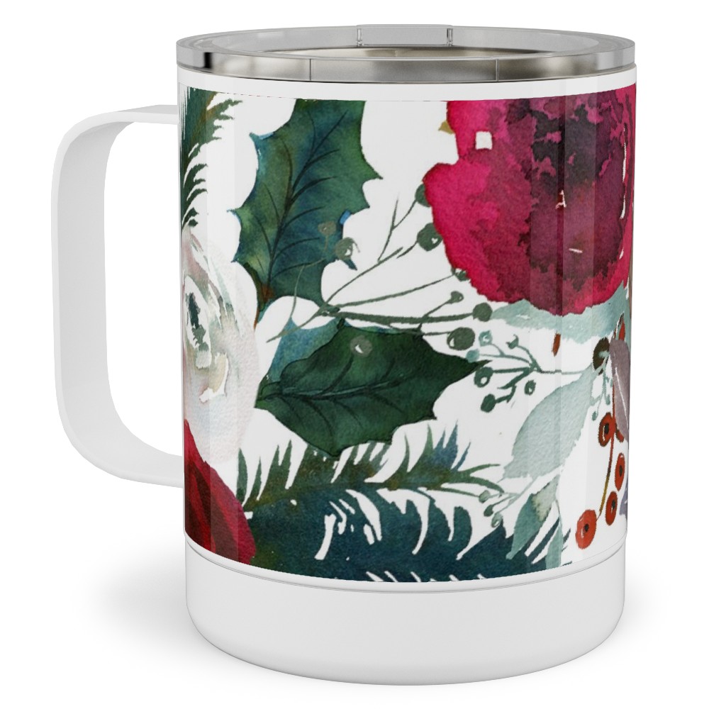 Holiday Florals Red on White Stainless Steel Mug, 10oz, Multicolor