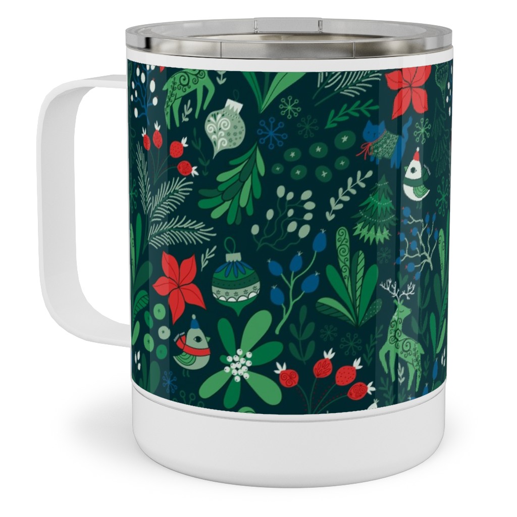 Merry Christmas Floral - Dark Stainless Steel Mug, 10oz, Green