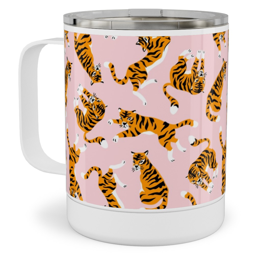 Tigers on Pink Backround Stainless Steel Mug, 10oz, Pink, Bright Pink
