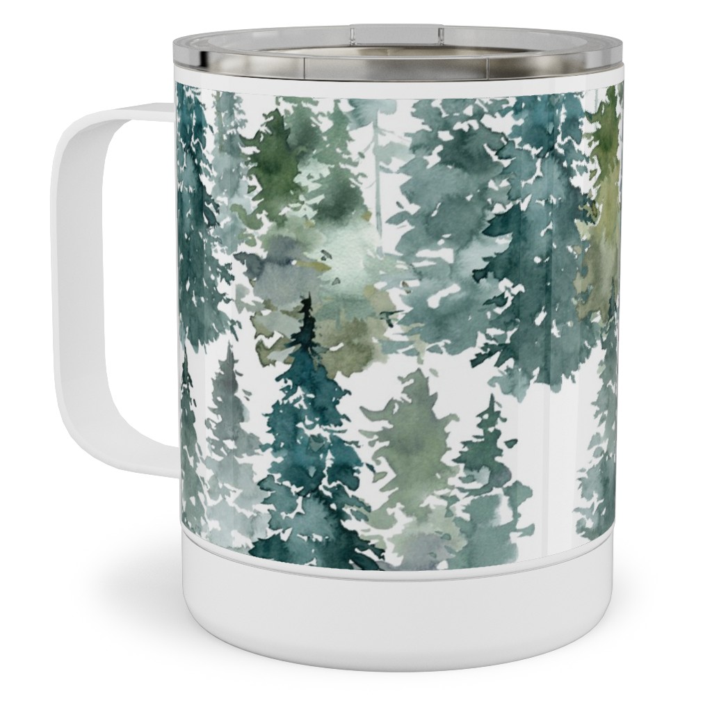 Woodland Trees Watercolor - White Stainless Steel Mug, 10oz, Green