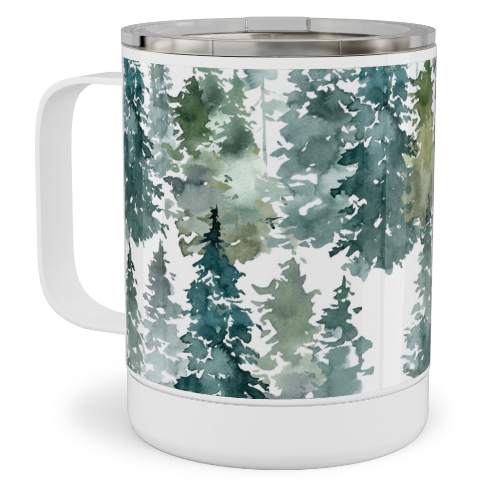 Woodland Trees Watercolor - White Stainless Steel Mug, 10oz, Green, Classic Green