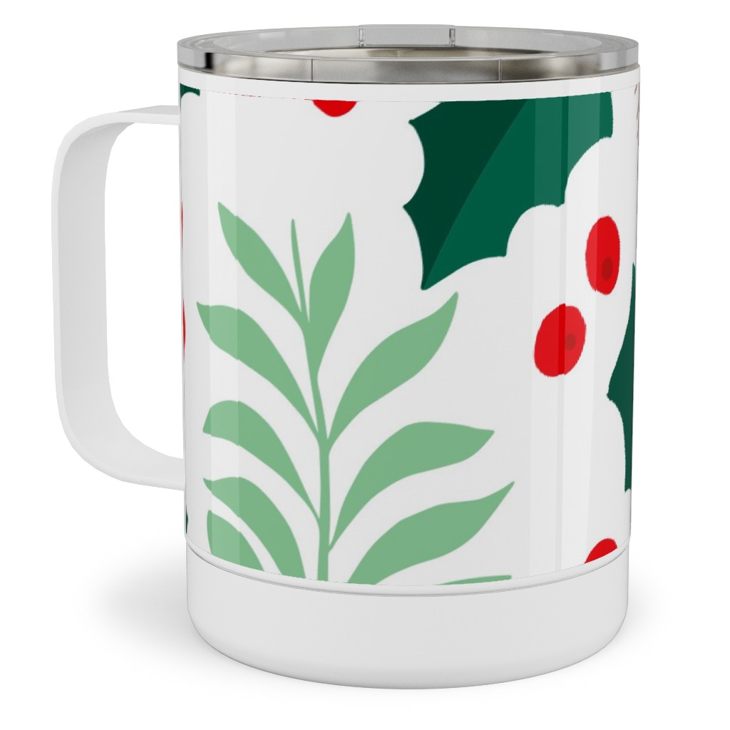 Botanical Christmas Garden Pine Leaves Holly Branch Berries - Green and Red Stainless Steel Mug, 10oz, Green