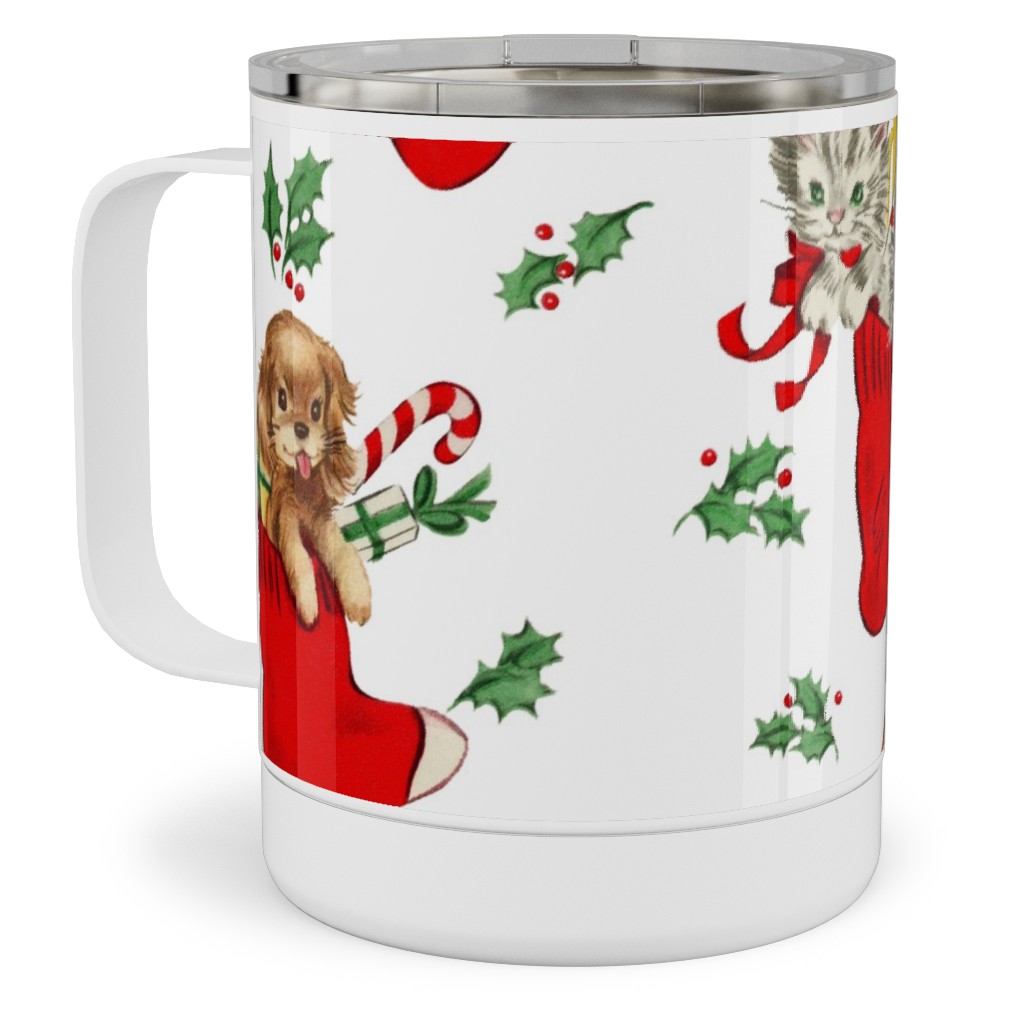 Vintage Christmas Kittens and Puppies Stainless Steel Mug, 10oz, Multicolor
