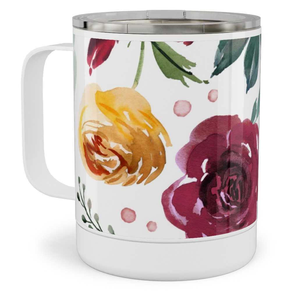 Orange Burgandy Floral Stainless Steel Mug, 10oz, Multicolor
