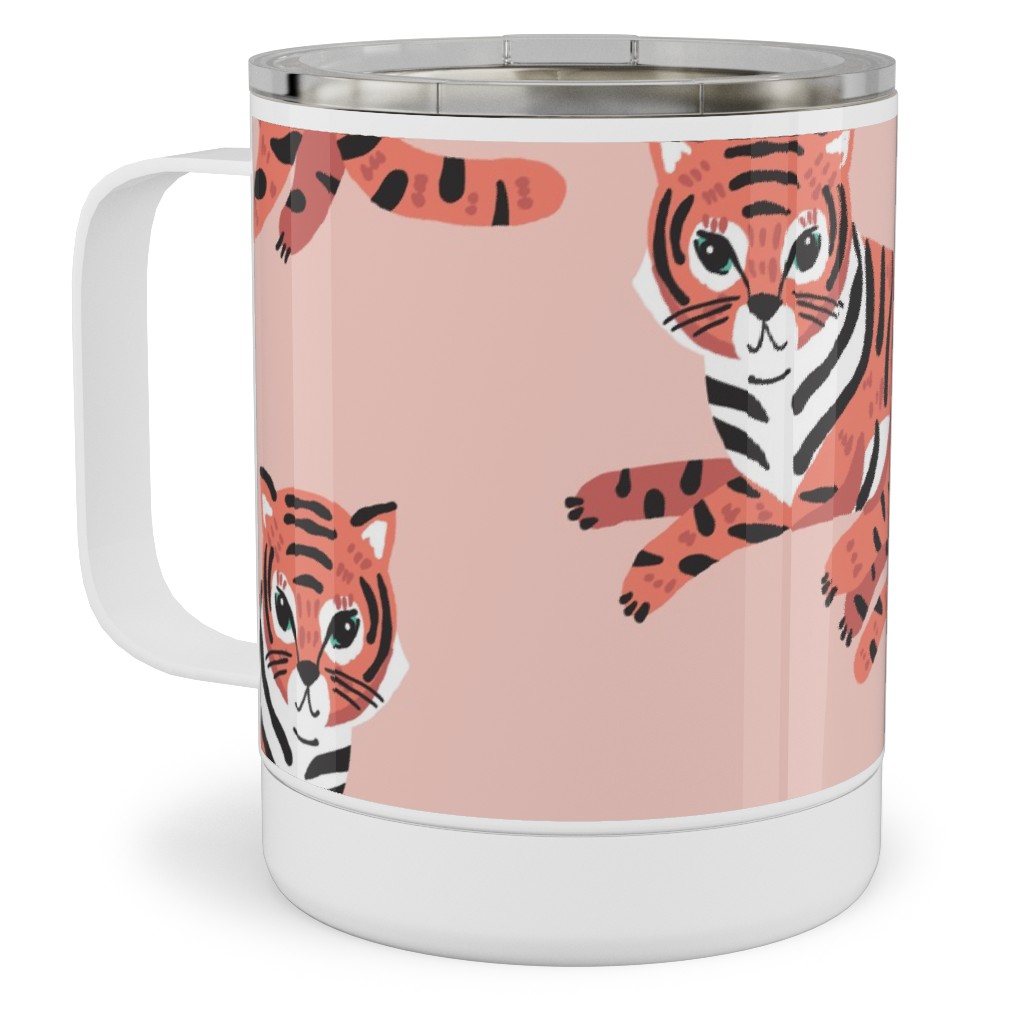 Jungle Tigers - Blush and Coral Stainless Steel Mug, 10oz, Pink, Bright Pink
