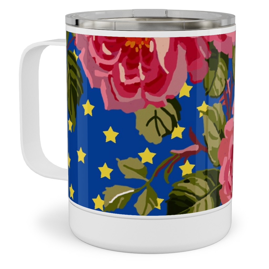 Americana Summer Roses - Blue Stainless Steel Mug, 10oz, Blue, True Blue