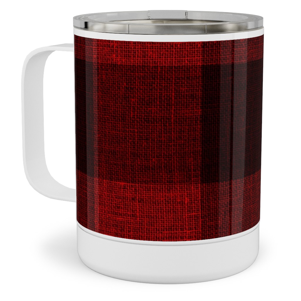 Linen Look Gingham Lumberjack - Red, Black Stainless Steel Mug, 10oz, Red, Red