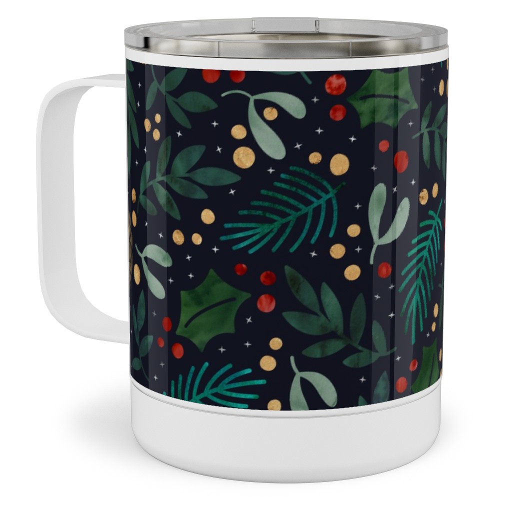 Christmas Florals - Dark Green Stainless Steel Mug, 10oz, Green
