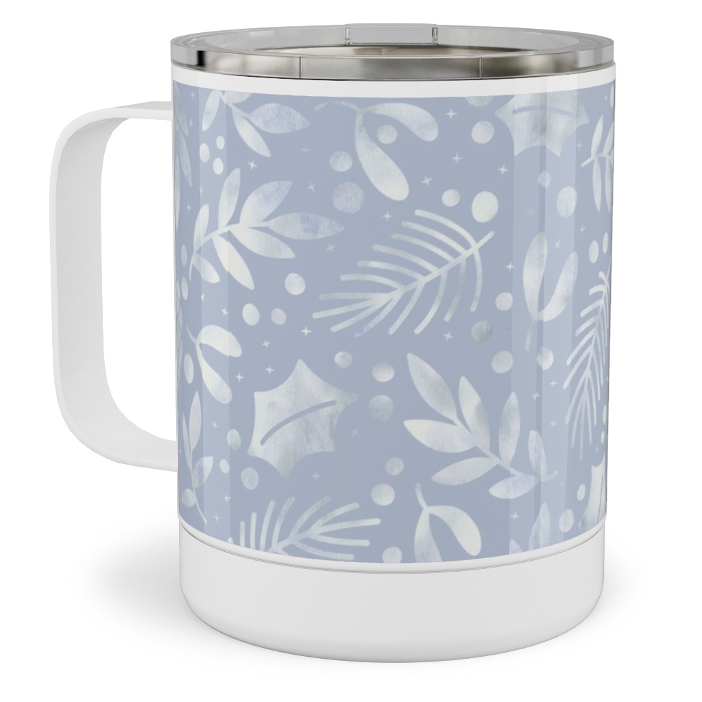 Frozen Winter Florals - Silver Stainless Steel Mug, 10oz, Blue
