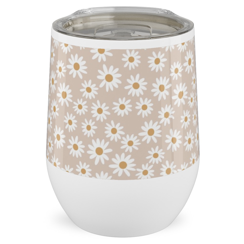 Daisy Print Stainless Steel Travel Tumbler, 12oz, Beige, Pearl