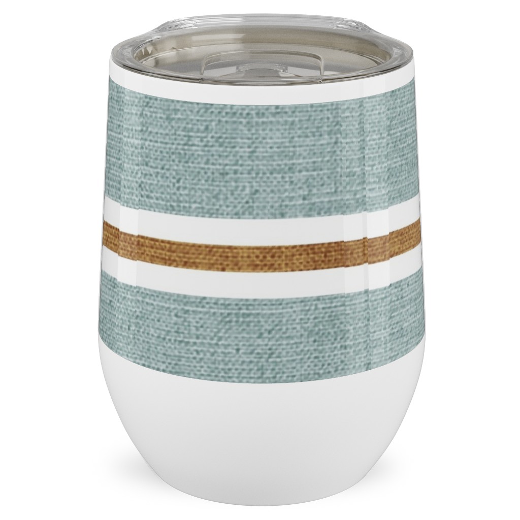 Stripes, Magnolia Flowers Coordinate - Rust on Blue Stainless Steel Travel Tumbler, 12oz, Green, Classic Green
