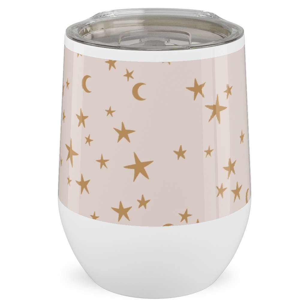 Stars & Moon - Starry Night Universe - Beige and Brown Stainless Steel Travel Tumbler, 12oz, Pink, Bright Pink